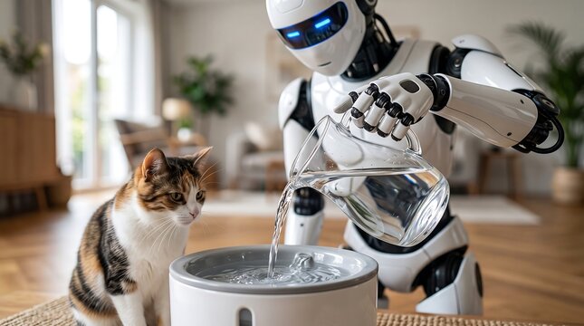 A futuristic white robot carefully pours water into a pet fountain for a curious calico cat in a modern, sunlit living room.
