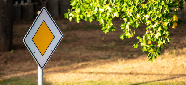 Priority road traffic sign outdoors with green tree foliage background