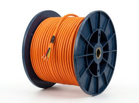 Orange electrical cable on a black spool isolated on white background