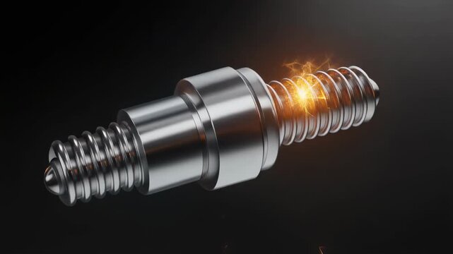 Firefly 3D close-up animation of a spark plug rotating in a dark studio environment, metallic reflec