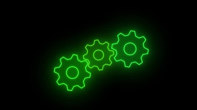 3 Spinning gears animation. glowing neon settings icon, purple color settings icon. 