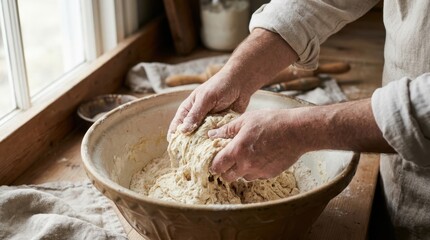 Fototapeta premium Preparing food by kneading dough in a rustic bowl in a bright kitchen