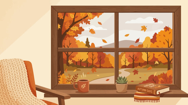 Cozy autumn window view with warm drink and falling leaves illustration