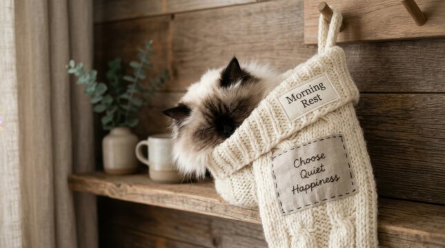 Adorable fluffy Himalayan cat sleeping peacefully inside a cozy white knitted Christmas stocking hanging on a rustic wooden wall with patches that read Morning Rest and Choose Quiet