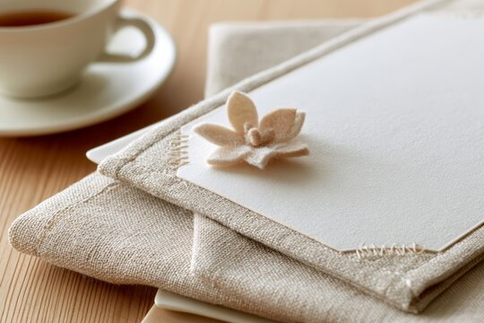 Boutique cafe menu card mockup on linen pouch with flower accent for menu design background and table stationery presentation
