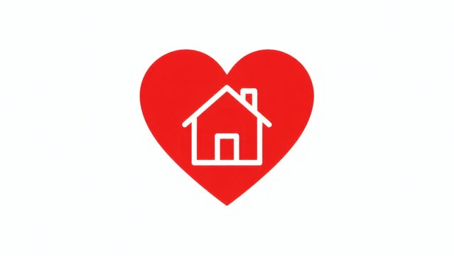 Flat vector illustration of a red heart with a white house icon inside, symbolizing home love
