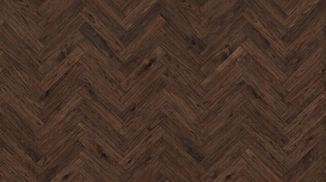 Dark brown herringbone wood floor texture, seamless parquet pattern background.