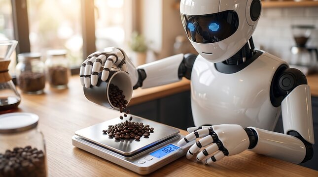 A white humanoid robot with glowing blue eyes precisely measures coffee beans on a digital kitchen scale in a modern kitchen setting.