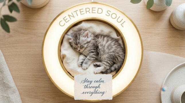 Adorable grey tabby kitten sleeping inside a glowing circular gold bed with centered soul text on a wooden surface conveying peaceful meditation and mindfulness for home pet lovers and wellness