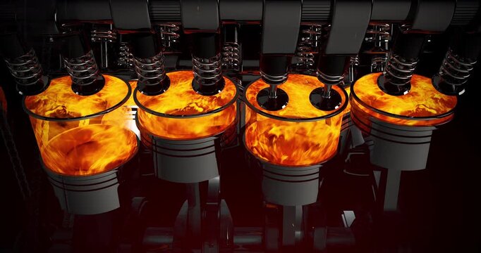 Modern V8 engine loaded sports car moving on futuristic digital street. Detailed 3D render of active V8 engine animation.
