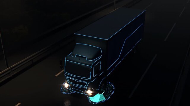 Autonomous Semi Truck Driving at Night with AI HUD Technology Visualization. Self-Driving Electric Cargo Semi-Truck Scans Road and Activates Smart Autopilot Controls for Future Logistics Concept