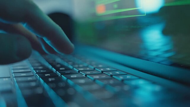 Close up on hand typing on laptop keyboard coding or hacking into server. Hacker or spy programming or installing software or spyware onto data archive. Code running on monitor screen in dark room