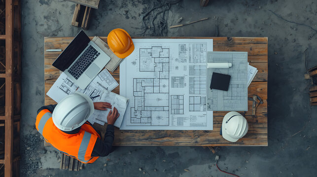 Construction Blueprint Overview: An architect or engineer studies detailed blueprints and project plans laid out on a rustic wooden table, surrounded by construction safety gear.