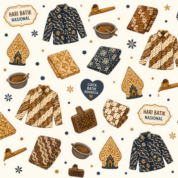 Seamless Indonesian Batik Day Pattern featuring traditional batik inspired motifs, patterned shirts, fabric rolls, canting tools, wax bowls, wooden batik stamps, Indonesian Cultural Symbols.