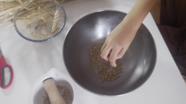 A high-angle overhead shot shows a hand carefully sorting through harvested golden wheat grains inside a stainless steel bowl to remove remaining husks on a white table during a grain processing tas