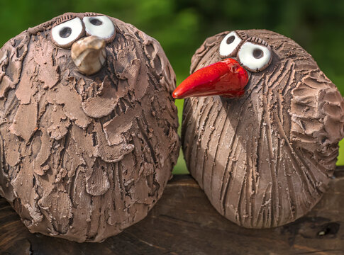 Whimsical Ceramic Bird Sculpture Pair Garden Decoration With Textured Brown Clay Beaks