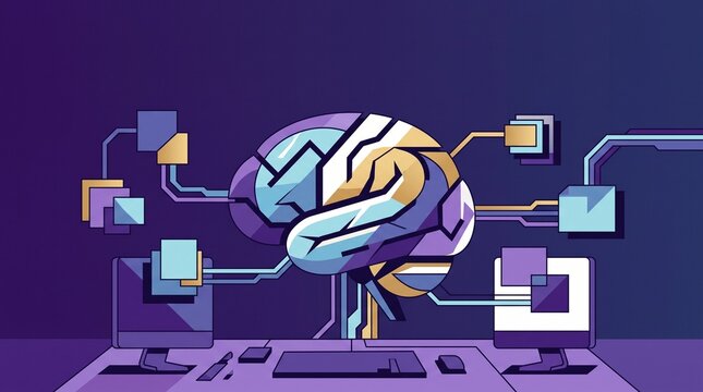 Human brain connected to two computer monitors with digital data blocks and lines representing artificial intelligence and data processing