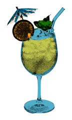 Halftone Refreshing Blue Cocktail with Lime and Ice in a Martini Glass for Summer vacation, isolated on transparent background.