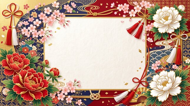 華やかな和風フレームと牡丹・桜の花飾り（中央にコピースペースのある正月・祝賀向けデザイン背景）