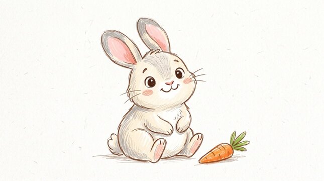 Cute watercolor rabbit sitting next to a small orange carrot on a white background, sweet animal illustration for kids