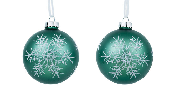 Two green Christmas baubles with white snowflake pattern
