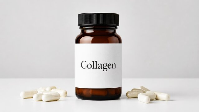 Collagen supplement bottle with white capsules on minimalist background