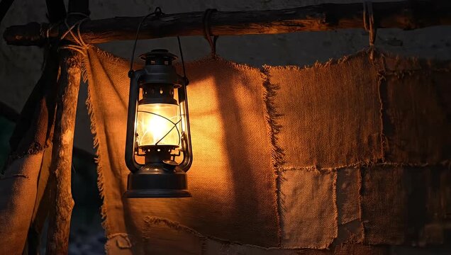 Burning oil lantern inside a rustic fabric shelter.
