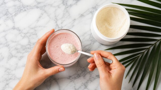 Hands adding powder to pink smoothie beside supplement container