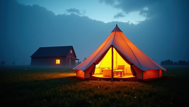 glamping tent at dawn on farm