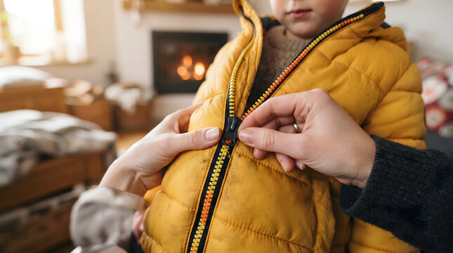 A mother's hands carefully zipping up her child's bright yellow winter puffer jacket inside a cozy living room. A warm fireplace glows softly in the blurred background, creating a comforting atmosp...