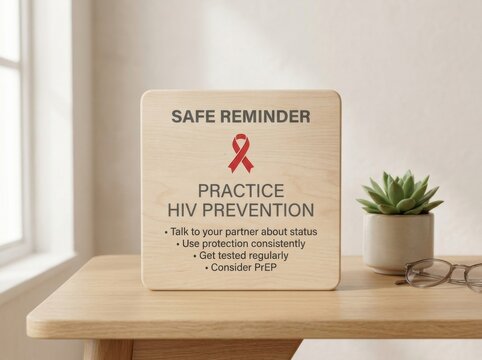 Elegant wooden plaque displaying HIV prevention tips and a red ribbon sits on a desk in a bright room. This educational sign promotes safe health practices, regular testing, and awareness for