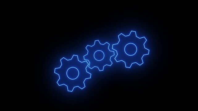 3 Spinning gears animation. glowing neon settings icon, purple color settings icon. 