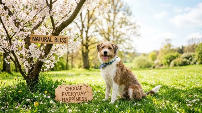 Joyful dog sitting on green grass under blooming cherry blossom tree in sunny park with motivational wooden signs natural bliss and choose everyday happiness representing pet wellness and joyful days.