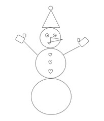 Illustration of a children's coloring book of a funny snowman made of geometric shapes