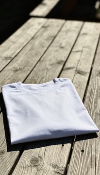 folded white cotton t-shirt mockup on wooden table in daylight