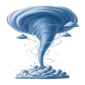 Big blue tornado with swirling clouds isolated on white background
