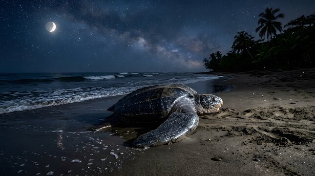 Leatherback sea turtle crawls on a tropical beach at night under a starry sky and crescent moon.