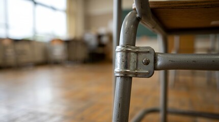 Naklejka premium Close up of school chair leg joint. Metal furniture detail in an empty classroom.