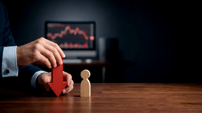 Close-up shot of businessman hand putting red arrow next to wooden figure for economic downturn predictions with blurred declining financial chart on office desk