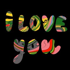 Colorful lettering "I LOVE YOU" with a psychedelic liquid marble pattern on a black background. Vibrant typography for greetings and decor. © Ksenia