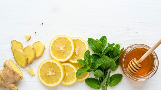 Fresh ginger lemon honey and mint for tea. Natural flu remedy ingredients on white wood.