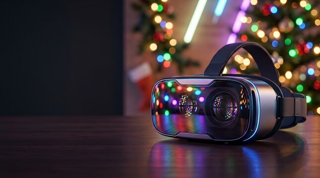 VR headset with Christmas bokeh lights. Virtual reality device for holiday gaming.