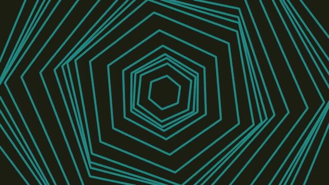 Nested teal hexagonal geometric outlines against a black background create an abstract pattern in visual art style. Suitable for graphic design projects and modern decor concepts.