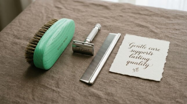 Premium grooming accessories featuring mint green beard brush chrome safety razor and metal comb laid on brown textured linen fabric beside a note card for quality lifestyle and male self care daily
