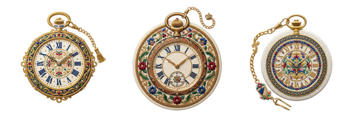Obraz premium Elegant antique pocket watches with intricate enamel designs Isolated on a transparent background