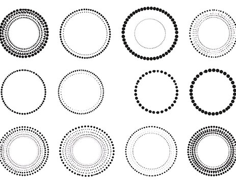 Collection of abstract circular patterns, dotted borders, geometric outlines, and texture elements on a white background