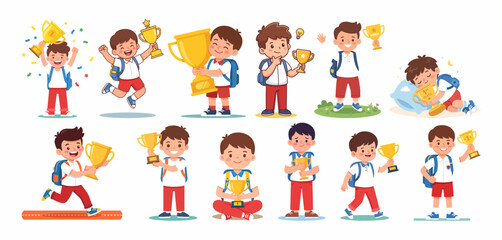 Fototapeta premium Cute Kids Holding Trophy Set - School Achievement Cartoon Vector Collection