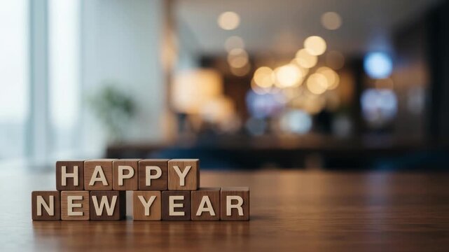 happy new year wooden letter blocks on table with blurred festive lights and copy space