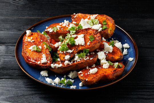 Oven Roasted Sweet Potatoes with Crumbled Feta and Fresh Parsley