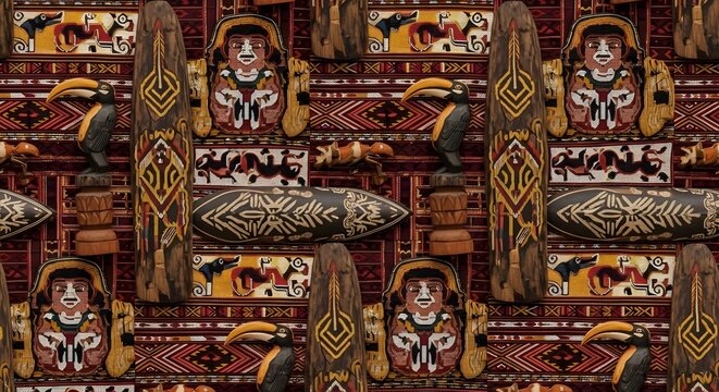 Gawai Dayak Festival Traditional Art and Cultural Heritage Pattern with Carved Wooden Artifacts and Woven Textiles